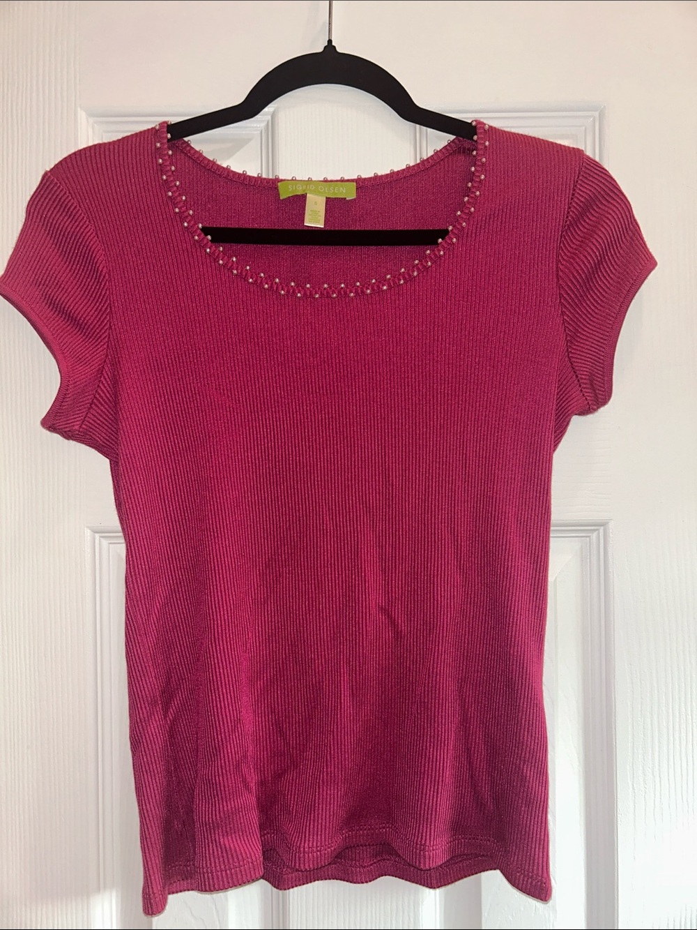Sigrid Olsen Pink Short-Sleeve Ribbed Knit Top Pearl Neckline Small Silk Blend